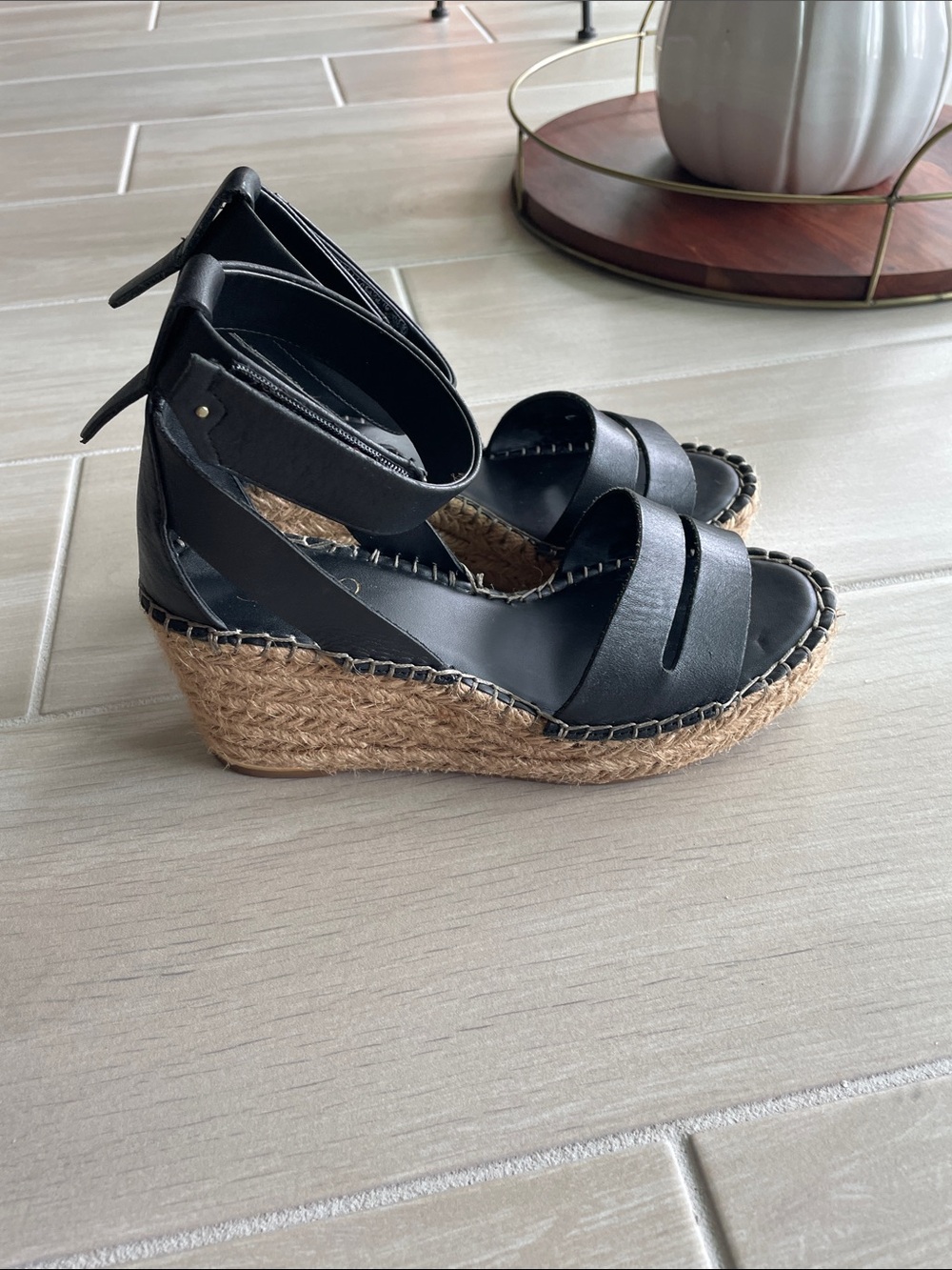 Franco Sarto Black Leather Espadrille Wedge Sandals with Ankle Strap - Picture 2 of 4